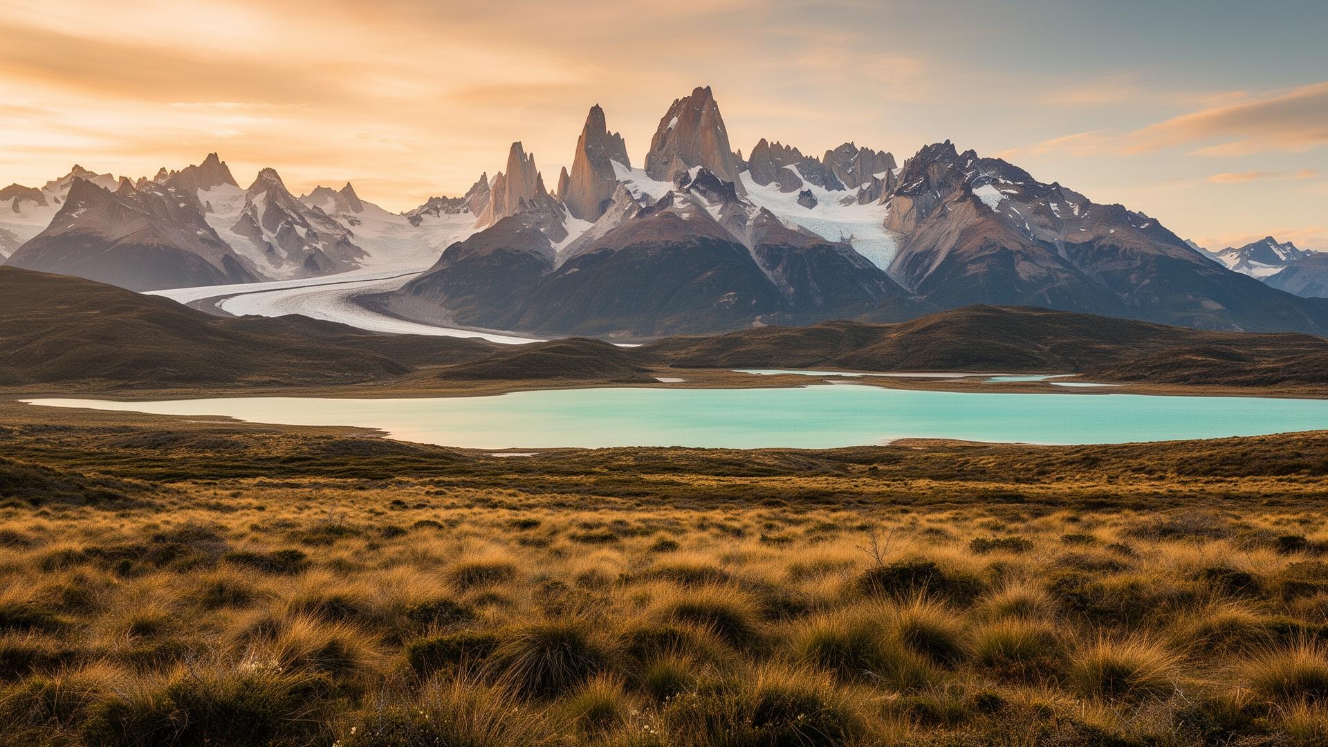 Cordillera patagónica al atardecer con lago turquesa